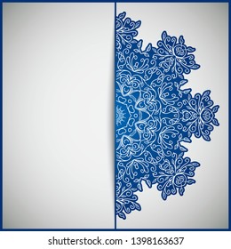 Circular frame card for congratulations for wedding invitations, Valentine's Day, birthday, holiday, gratitude, love confession. Vector blue background with mandala drawing. eps10