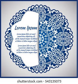 Circular frame card for congratulations for wedding invitations, Valentine's Day, birthday, holiday, gratitude, love confession. Vector blue background with mandala drawing. eps10