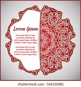 Circular frame card for congratulations for wedding invitations, Valentine's Day, birthday, holiday, gratitude, love confession. Vector red background with mandala drawing. eps10