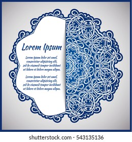 Circular frame card for congratulations for wedding invitations, Valentine's Day, birthday, holiday, gratitude, love confession. Vector blue background with mandala drawing. eps10