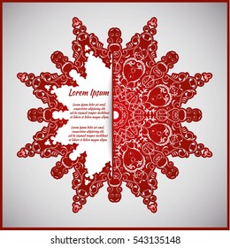 Circular frame card for congratulations for wedding invitations, Valentine's Day, birthday, holiday, gratitude, love confession. Vector red background with mandala drawing. eps10
