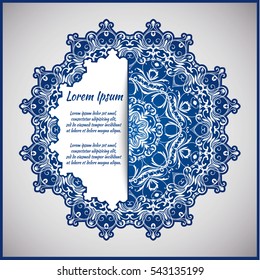 Circular frame card for congratulations for wedding invitations, Valentine's Day, birthday, holiday, gratitude, love confession. Vector blue background with mandala drawing. eps10