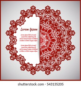 Circular frame card for congratulations for wedding invitations, Valentine's Day, birthday, holiday, gratitude, love confession. Vector red background with mandala drawing. eps10
