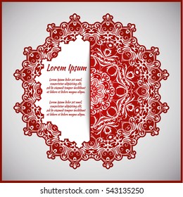 Circular frame card for congratulations for wedding invitations, Valentine's Day, birthday, holiday, gratitude, love confession. Vector red background with mandala drawing. eps10