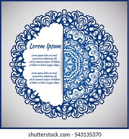 Circular frame card for congratulations for wedding invitations, Valentine's Day, birthday, holiday, gratitude, love confession. Vector blue background with mandala drawing. eps10