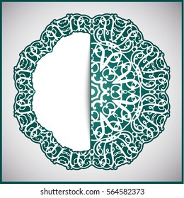 Circular frame card for congratulations for wedding invitations, Valentine's Day, birthday, holiday, gratitude, love confession. Vector green background with mandala drawing. eps10