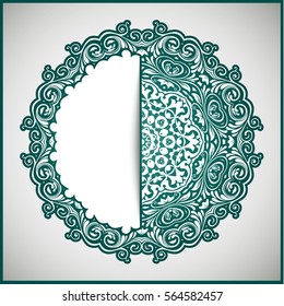 Circular frame card for congratulations for wedding invitations, Valentine's Day, birthday, holiday, gratitude, love confession. Vector green background with mandala drawing. eps10