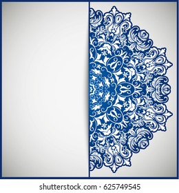 Circular frame card for congratulations for wedding invitations, Valentine's Day, birthday, holiday, gratitude, love confession. Vector blue background with mandala drawing. eps10