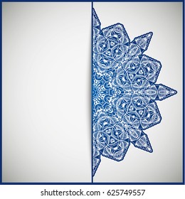 Circular frame card for congratulations for wedding invitations, Valentine's Day, birthday, holiday, gratitude, love confession. Vector blue background with mandala drawing. eps10