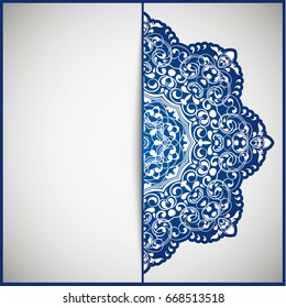 Circular frame card for congratulations for wedding invitations, Valentine's Day, birthday, holiday, gratitude, love confession. Vector blue background with mandala drawing. eps10