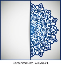 Circular frame card for congratulations for wedding invitations, Valentine's Day, birthday, holiday, gratitude, love confession. Vector blue background with mandala drawing. eps10