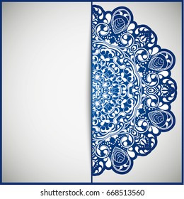 Circular frame card for congratulations for wedding invitations, Valentine's Day, birthday, holiday, gratitude, love confession. Vector blue background with mandala drawing. eps10