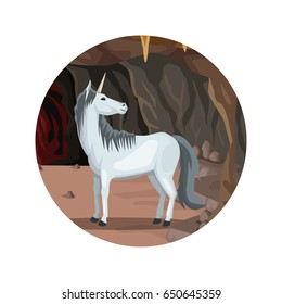 circular frame with cave interior scene and unicorn greek mythological creature
