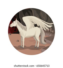 circular frame with cave interior scene and pegasus greek mythological creature
