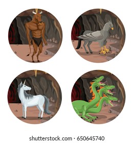 circular frame with cave interior scene with greek mythological creatures