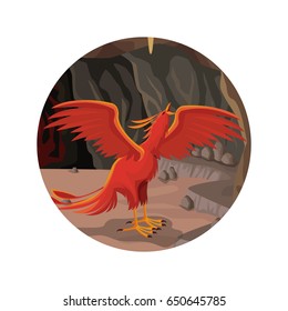 circular frame with cave interior scene and phoenix greek mythological creature