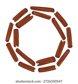 Marco circular con palo de canela en estilo plano aislado sobre fondo blanco. Ilustración de especias aromáticas con centro vacío para la marca de alimentos, embalaje, menú y diseño de temporada.