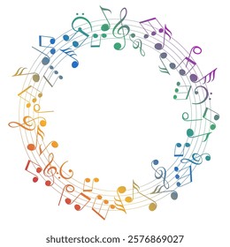 Circular frame with colored musical notes, dynamic music abstract design background