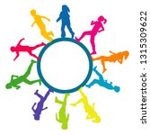 Circular frame with colored silhouettes of running children