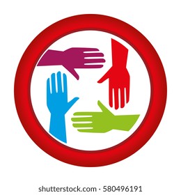 circular frame with colorful hands teamwork icon design