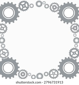 A circular frame composed of interlocking gears in shades of gray.