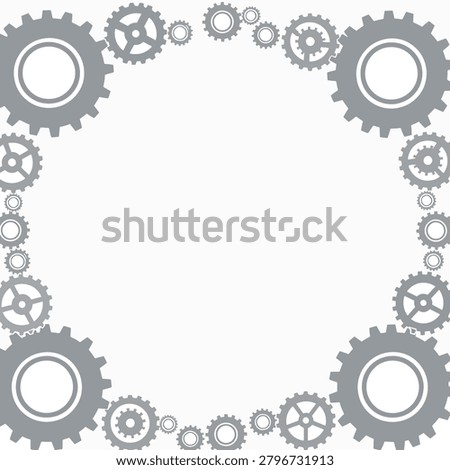 A circular frame composed of interlocking gears in shades of gray.