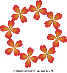 Un marco circular compuesto por diez flores estilizadas de cuatro pétalos de gradiente rojo y naranja sobre un fondo blanco