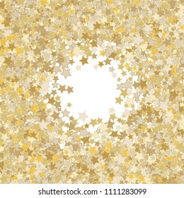 Circular frame from confetti stars. Abstract vector illustration. Dynamic colored celebration background with celestial elements  for holiday decorations, postcards, invitations
