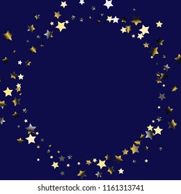 Circular frame from confetti stars. Isolated gradient stellar elements. Platinum chrome metallic gloss. Holiday celebration luminous vector template for celebration decorations, packaging.