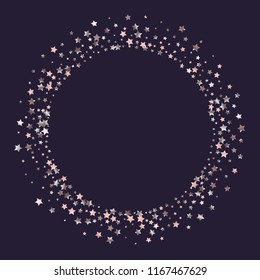 Circular frame from confetti stars. Isolated gradient celestial elements. Pink purple pearl nacre gloss. Festive iridescent holographic shine effect vector template for celebration decorations.
