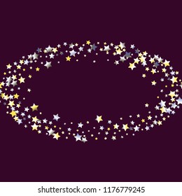 Circular frame from confetti stars. Isolated yellow blue white grey  gradient stellar elements. Festive iridescent holographic effect vector template for celebration decorations, packaging.