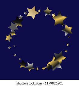 Circular frame from confetti stars. Isolated gradient celestial elements. Platinum chrome metal glitter. Iridescent festive  celebration vector  template for celebration decorations, packaging.