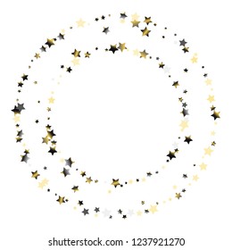 Circular frame from confetti stars. Isolated gradient stellar elements. Platinum chrome metallic gloss. Iridescent festive  celebration vector  template for celebration decorations, packaging.