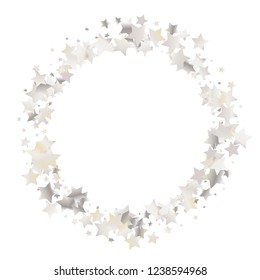 Circular frame from confetti stars. Isolated gradient stellar elements. Pearl nacre gloss. Holiday celebration luminous glossy vector template for celebration decorations.