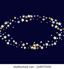 Circular frame from confetti stars. Isolated yellow blue white grey gradient celestial elements. Festive iridescent holographic effect vector template for celebration decorations, packaging.