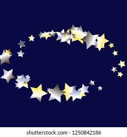 Circular frame from confetti stars. Isolated yellow blue white grey  gradient stellar elements. Festive iridescent holographic effect vector template for celebration decorations, packaging.