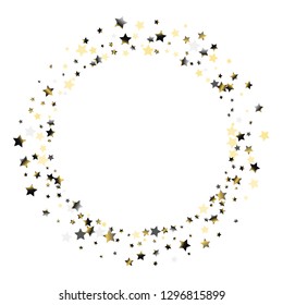 Circular frame from confetti stars. Isolated gradient stellar elements. Platinum chrome metallic gloss. Festive iridescent holographic effect vector template for celebration decorations, packaging.