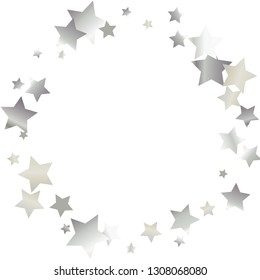 Circular frame from confetti stars. Isolated gradient celestial elements. Platinum metallic gloss. Iridescent festive  celebration vector  template for celebration decorations, packaging.