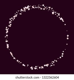 Circular frame from confetti stars. Isolated gradient celestial elements. Pink purple pearl nacre gloss. Festive iridescent holographic shine effect vector template for celebration decorations.