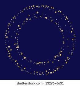 Circular frame from confetti stars. Isolated gradient celestial elements. Platinum chrome metallic gloss. Festive iridescent holographic effect vector template for celebration decorations, packaging.