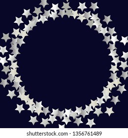 Circular frame from confetti stars. Isolated gradient celestial elements. Platinum metal shine. Holiday celebration luminous vector template for celebration decorations, packaging.