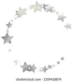 Circular frame from confetti stars. Isolated gradient celestial elements. Platinum metal shine. Festive iridescent holographic effect vector template for celebration decorations, packaging.
