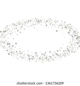 Circular frame from confetti stars. Isolated gradient celestial elements. Platinum metal glitter. Holiday celebration luminous vector template for celebration decorations, packaging.