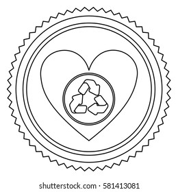 circular frame contour with heart with recycling symbol vector illustration