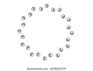 Circular frame with contoured pet paw print. Black silhouette pathway of dog or cat footprints arranged in a circle. Frame with pet footprints for design of shop windows, websites, etc. Vector