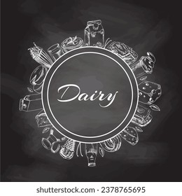 Circular frame for dairy produce label on chalkboard background. Retro hand drawn vector illustration. Template element for packaging design.