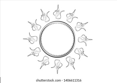 Circular frame with Dallah traditional Middle Eastern coffee container and cup  outline art. Editable Clip Art.