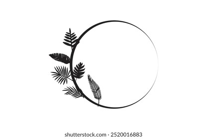 A circular frame decorated with black tropical leaves on the left side, creating a minimalist design on a white background. Elegant and simple composition.