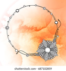 Circular frame decorated with black and white hand drawn rakhi on orange color splash background, Raksha Bandhan Festival concept.