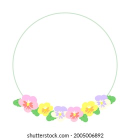 A circular frame decorated with pansy flowers. Vector illustration.